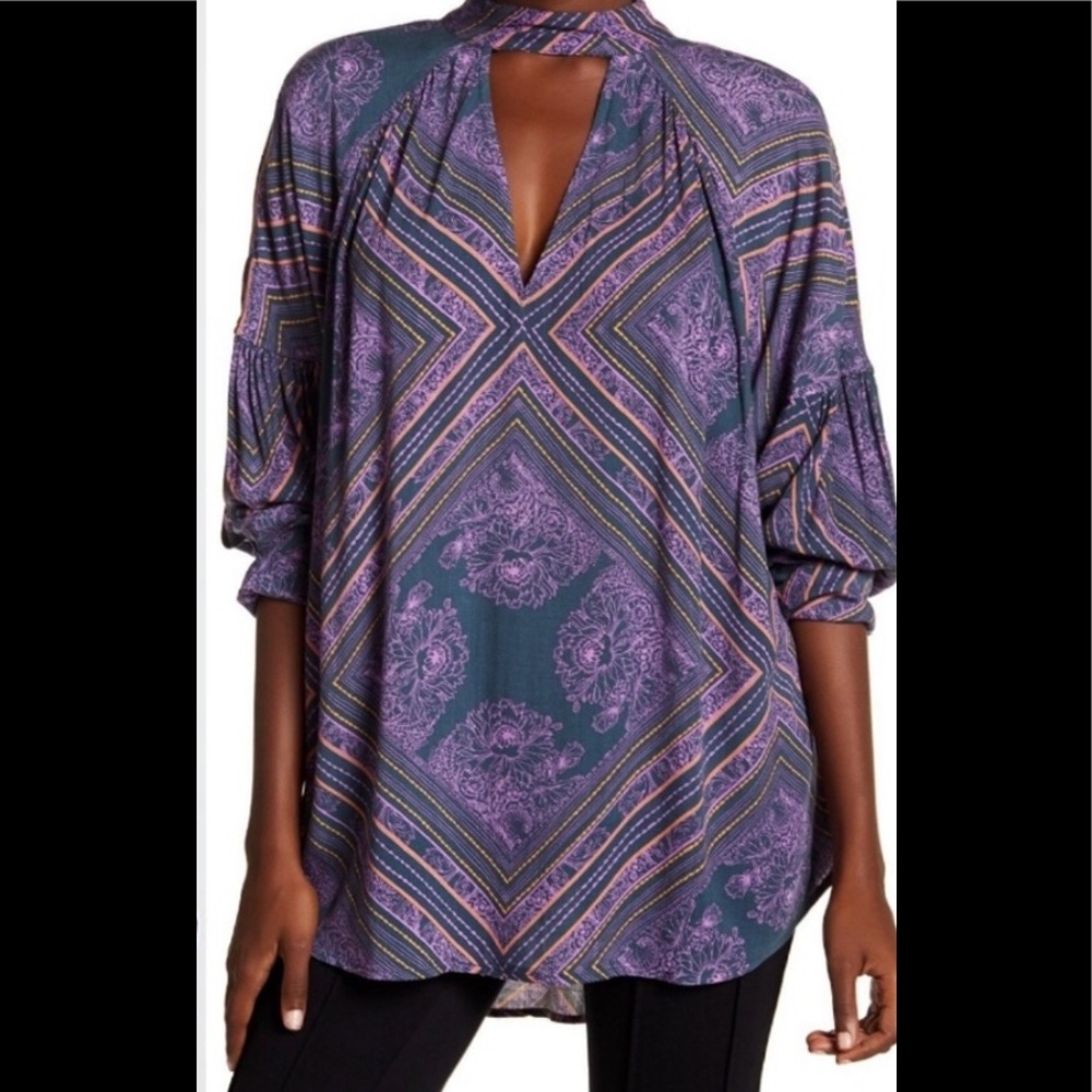 Free People Purple & Teal Printed Keyhole Tunic